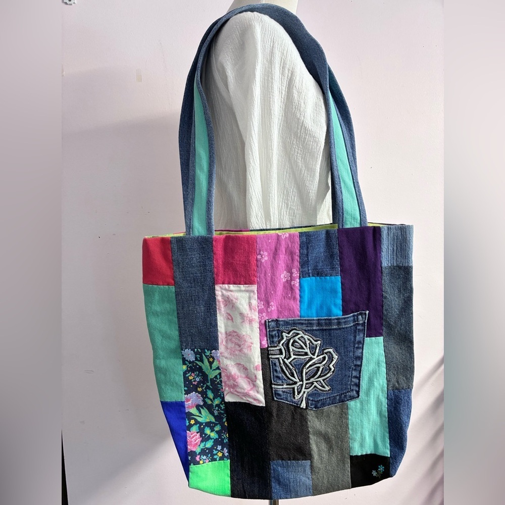 Handmade/Upcycled Shoulder Bag/Tote, Multicolored/Denim, Lined 16”x 16”